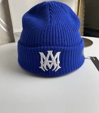 Amiri Blue Knit Beanie Hat Men with White Embroidered Logo