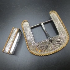 VTG Montana Silversmiths Cowboy Belt Buckle & Keeper Loop Sterling Silver Plate