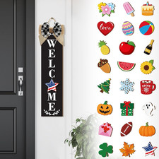 Holiday Interchangeable Welcome Sign for Front Door Wood Porch Sign with 24 Pcs