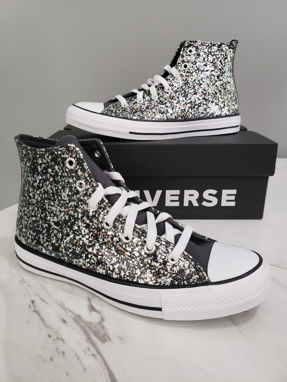 NEW Converse Girls BIG KID Size 6 Black Glitter High Top Shoes Gray Metallic