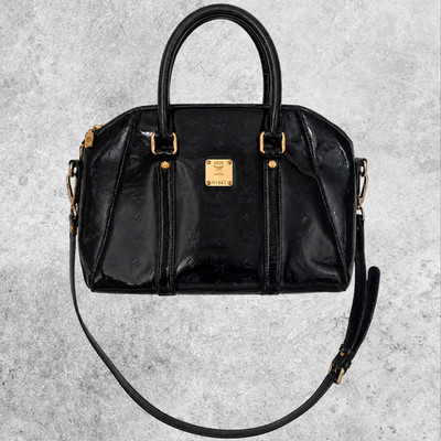 MCM Bag Luxury Black Patent Monogram Satchel Boston Bag Gold Hardware Glossy