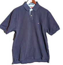 Tommy Hilfiger Polo Shirt L Navy Blue Y2K Style 100 Cotton Made in Mexico