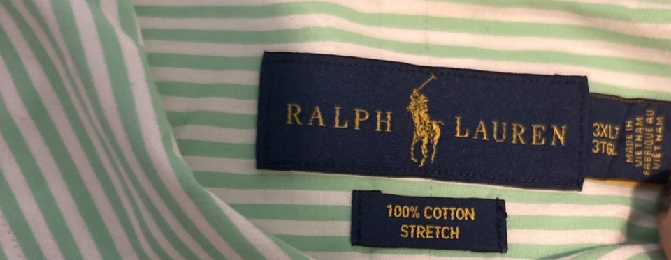 Camisa Polo Ralph Lauren Para Hombres 3XLT 100% Algodón Elastizada Abotonada Rayas Verde Foto 4 de 4
