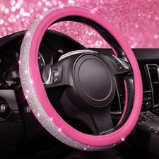 Bling Pink Leather Steering Wheel Cover With Crystal Rhinestones - Universal Fit Bling Pink Leather Steering Wheel Cover With Crystal Rhinestones - Universal Fit
