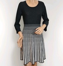 Calvin Klein Knit Sweater Dress Charcoal Stripes Crochet Detail Bell Sleeve Sz M