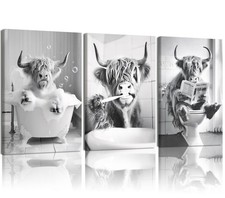 3 pcs Highland Cow Canvas Framed Wall Art, Funny Animal Bathroom Print Pictur...