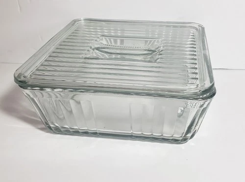 Anchor Hocking 1932 VTG Ribbed Design 9x9x4 Inch Refrigerator Dish With Lid