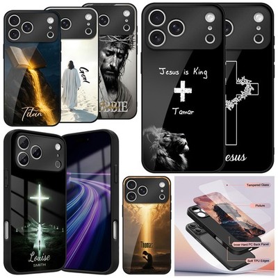 For iPhone 17 16 15 14 13 12 Christian Cross Personalised Thick Glass Case Cover