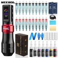 Wireless Tattoo Machine Pen Gun Complete Kit with 1600mAh PowerSupply Ink Needle