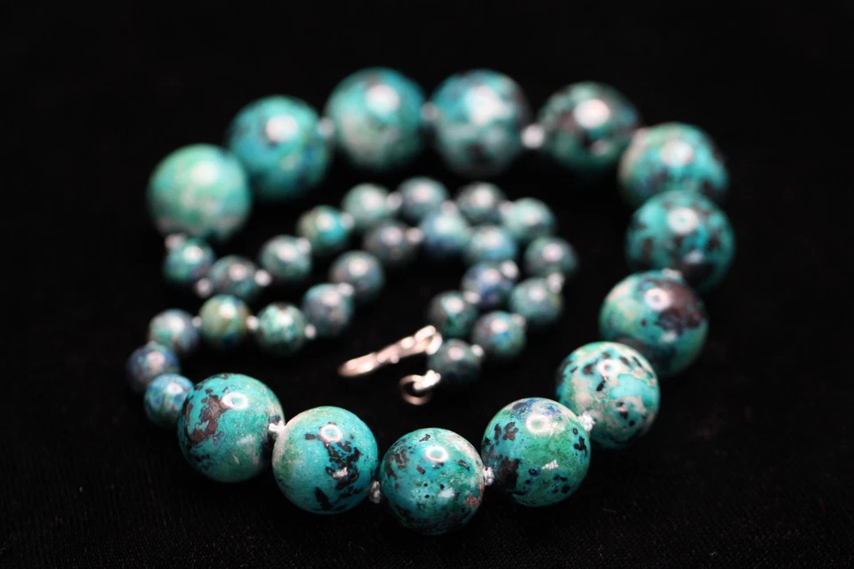 Collar Crisocola Azurita Azul Verde Bola Piedras Preciosas Naturales Seda Anudado 18" Foto 3 de 4