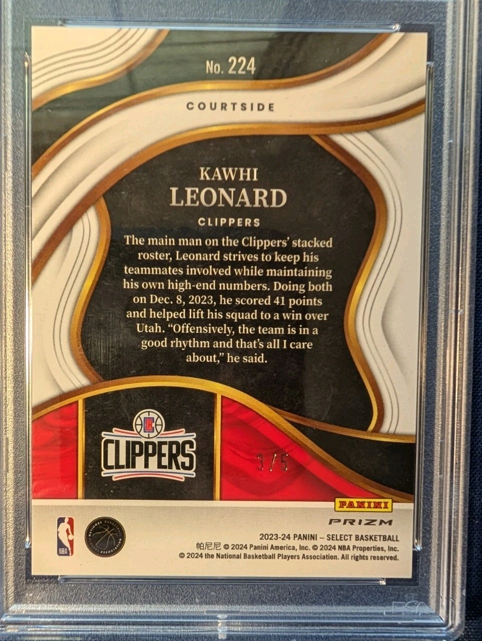 2023 Select #224 Kawhi Leonard Neon Purple Pulsar /5 PSA 10 FOTL view 4