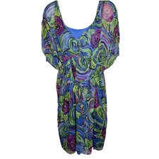 Blouson Floral Abstract Semi-Sheer Dress Blue Pink L Blue Cami V-Neck Drawstring