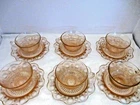 Lot 6 Sets Tea/Coffee Cups & Saucers Pink Old Colony Depression Glass Open Lace