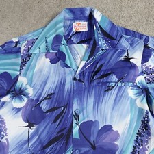 Vintage Sears Shirt Medium Blue Hawaiian Fashion Floral Print Camp Loop Collar