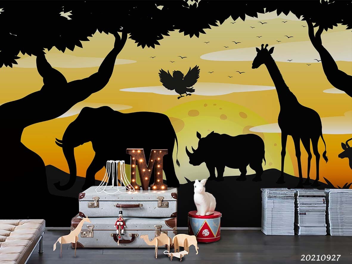 3D Sunset Sky Forest Animal Elephant Wall Murals Wallpaper Murals Wall Sticker