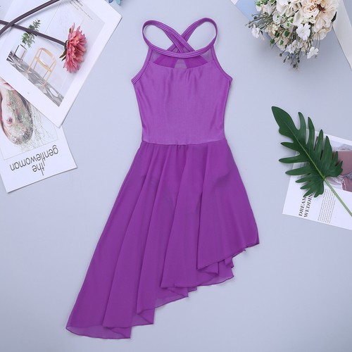 UK Girls Lyrical Ballet Skirt Chiffon Criss Cross Back Dress Sleeveless Leotard - Picture 61 of 74