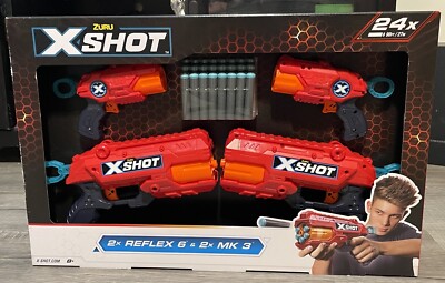 Zuru X-Shot 4 Gun Bundle -  2x Reflex 6 & 2x MK 3 with 24 Foam Darts NEW