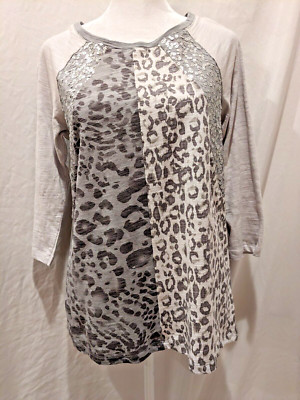 NWOT Laura Ashley Gray 3/4 Sleeve Leopard Print Sequin Pullover Womens Sz: S