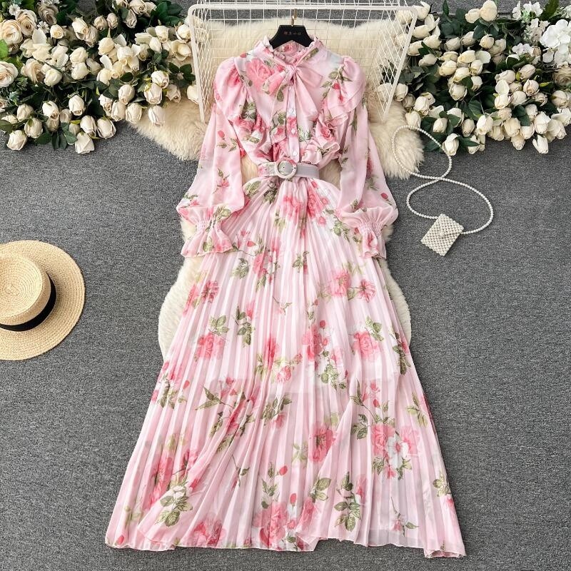 CHICLINE[チックライン] Liona Floral Chiffon Belt Dress Women Chiffon Pleated Floral Dress Tie Neck Ruffle Midi Long