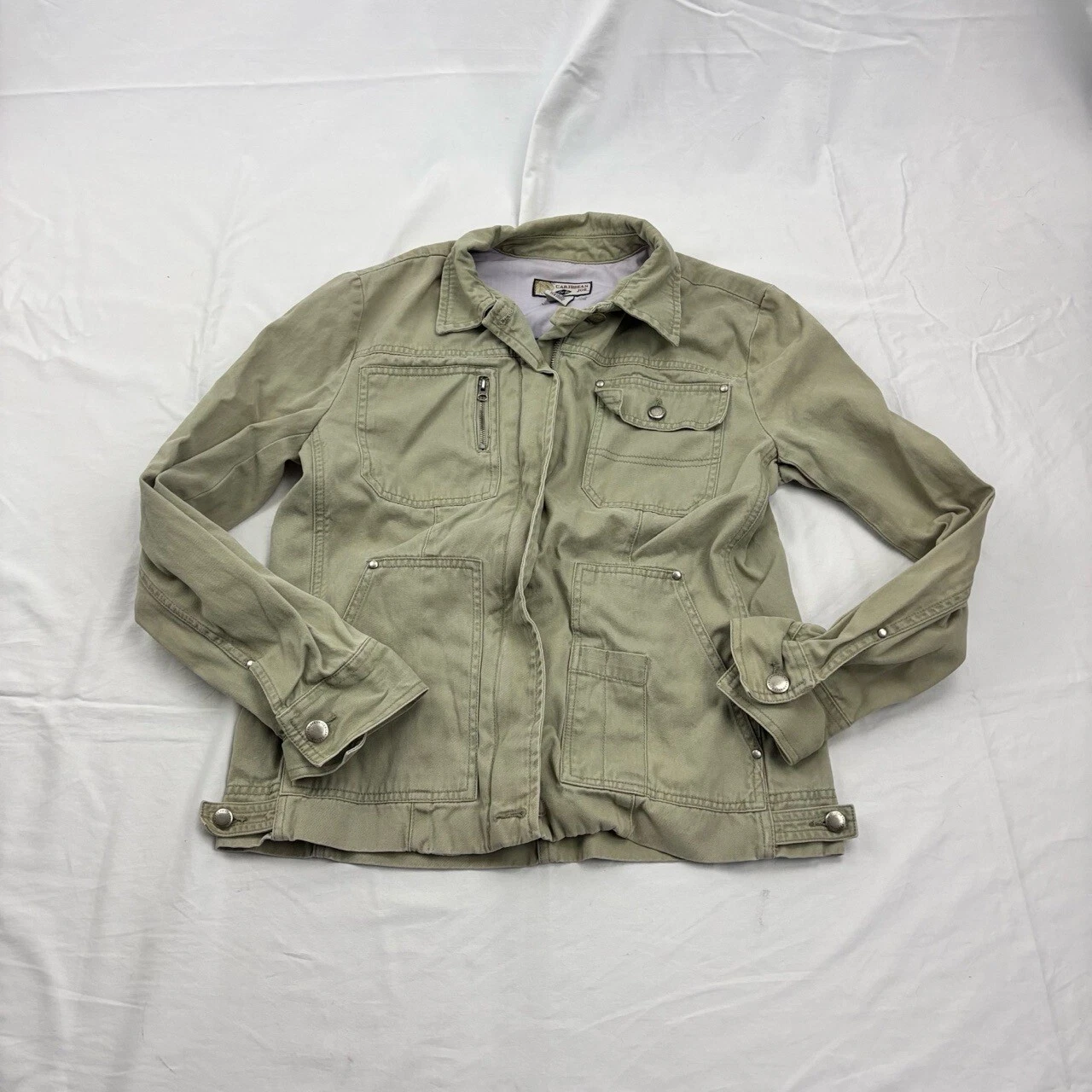 Men's Size Small Caribbean Joe Utility Jacket Khaki Multiple Pockets 100% Cotton