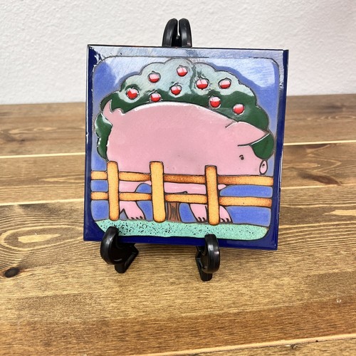 Tile Hand Painted Pig with Apple Tree Original Art Made In Italy - 第 3/9 張圖片