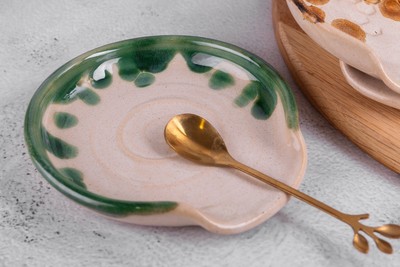 Ceramic Spoon Rest, White and Green Pottery Spoon Holder, Handmade Kitchen Decor