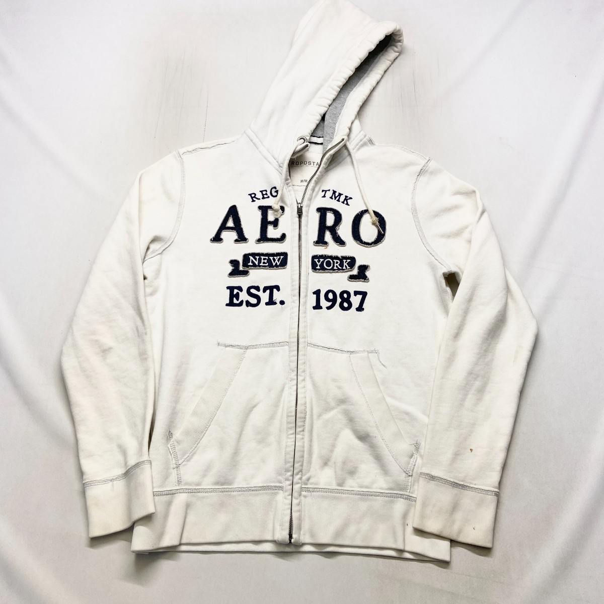 Aeropostale 1987 New York Full Zip Hoodie Mens Medium White Cotton