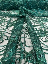 Beaded Sequin Lace Fabric Hunter Green Embroidered Tulle Bridal Luxury