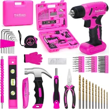 8V Pink Cordless Drill Set, 64 Pcs Pink Power Drill Tool Kit for Women, 3/8"Keyl