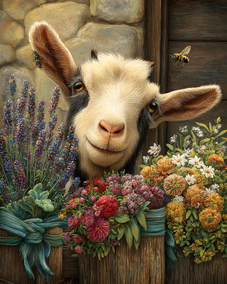 8x10 Cozy Storybook Goat with Flowers Art Print Classic Illustration - 569626202