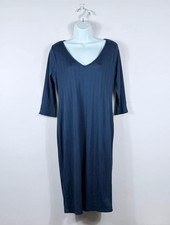 River Island Petite Blue Ribbed Midi Dress UK 16 | Stretch Bodycon 3/4 Sleeve