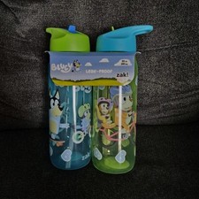 zak Leak-Proof Water Bottles Set of 2 Bluey Cartoon 20oz Plastic with Straw