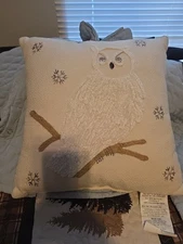 Embroidered Snowy Owl Throw Pillow Winter Snow Cream White Decor Accent Soft