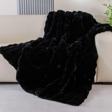 Fluffy Furry Black Faux Fur Throw Blanket for Couch Bed 50x60 Fuzzy Bubble So...