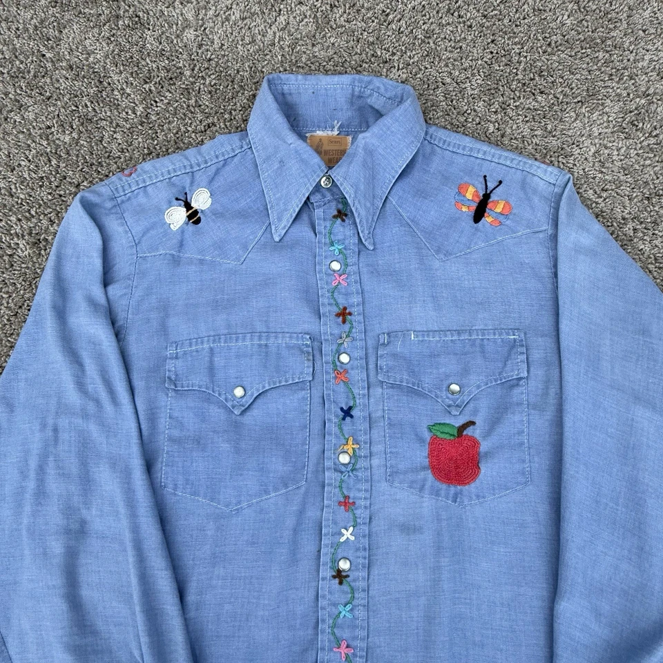 Женские винтажные Sears Western-wear вышитый джинсовой ткани жемчуг Snap рубашка большой народное искусство - Изображение 4 из 4