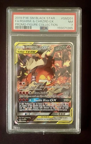 2019 POKEMON SM BLACK STAR PROMO #SM201 FULL ART/RESHIRAM & CHARIZARD GX PSA 7