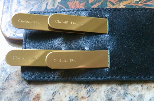 Vintage Christian Dior Men's Gold Tone Collar Stays with Leather Case