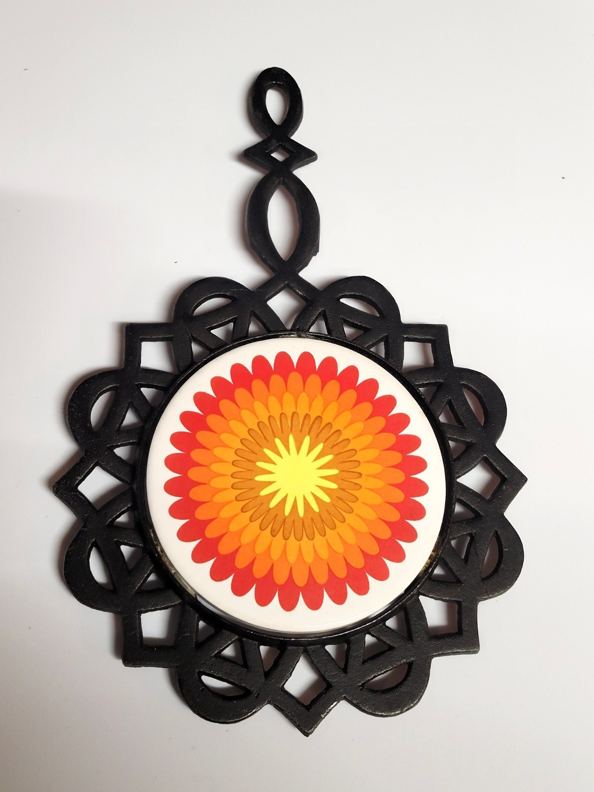 vintage 1970s psychedelic floral cast iron trivet and hot pad - second product detail image
