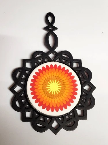 vintage 1970s psychedelic floral cast iron trivet and hot pad image 2
