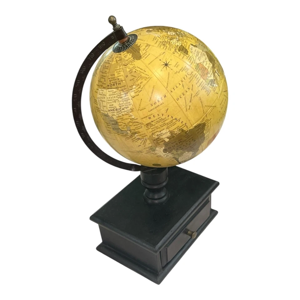 Globo terráqueo estilo vintage sobre base de madera con cajón 16" de alto decoración de escritorio India Foto 3 de 4