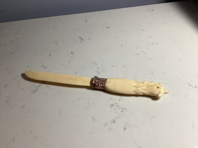 RARE ANTIQUE INCREDABLE CARVED CAMEL BONE BIRD LETTER OPENER MUST SEE NO RES