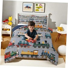 Kids Train Comforter Set - Size for Boys Girls - Full Grey Yellow Green