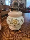Vtg Oil Kerosene Lamp Base White Glass w/Yellow Roses & Vines, Has A Burner