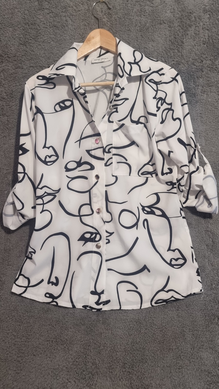 Estee Brown Paris Abstract Face Print Blouse Roll Sleeve Shirt Size M White image 2