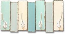 Beachy Wood Wall Rack-4 Double Metal Hooks-Distressed Beach Decor Finish 16 inch