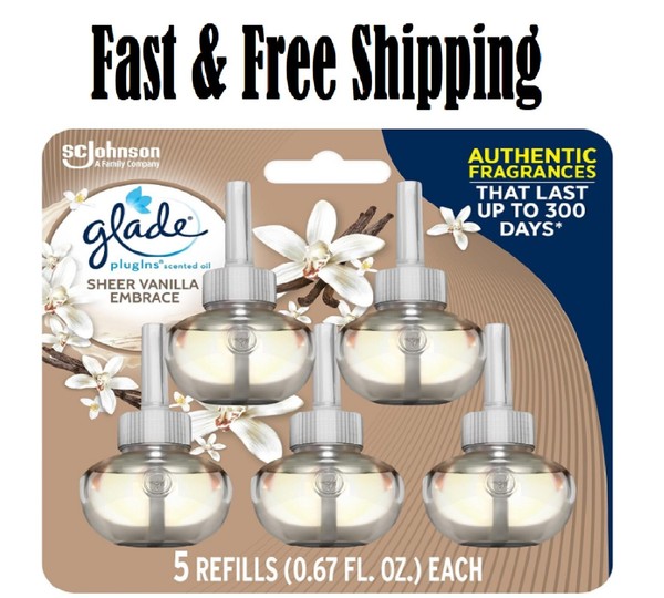 Glade Plugins Aceite Perfumado 5 Recambios, Ambientador, Abrazo Vainilla Transparente, 5 X 1