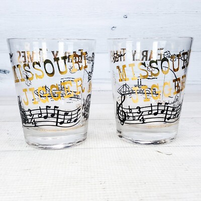 Vintage Early Times Missouri Jigger Rocks Tumbler Glass Set 2 Fishing Music Boat