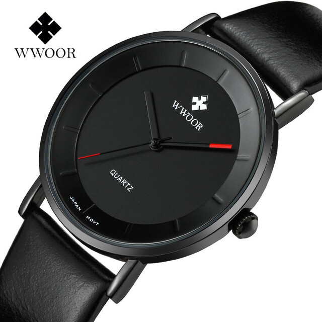 WWOOR Luxury Leather Strap Ultra Thin Dress Wrist Watch Mens Analog Quartz Watch
