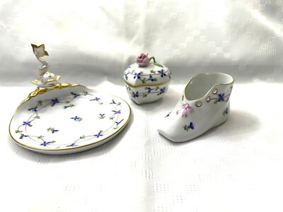 Herend Blue Garland Set ( baby shoe + heart  trinket + Dolphin trinket dish)