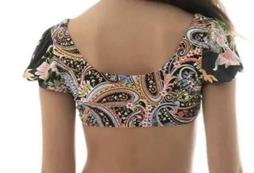 Maaji Girls Size 14 Bikini Top Black Floral Paisley Reversible Puff Sleeves NWOT - Picture 4 of 7